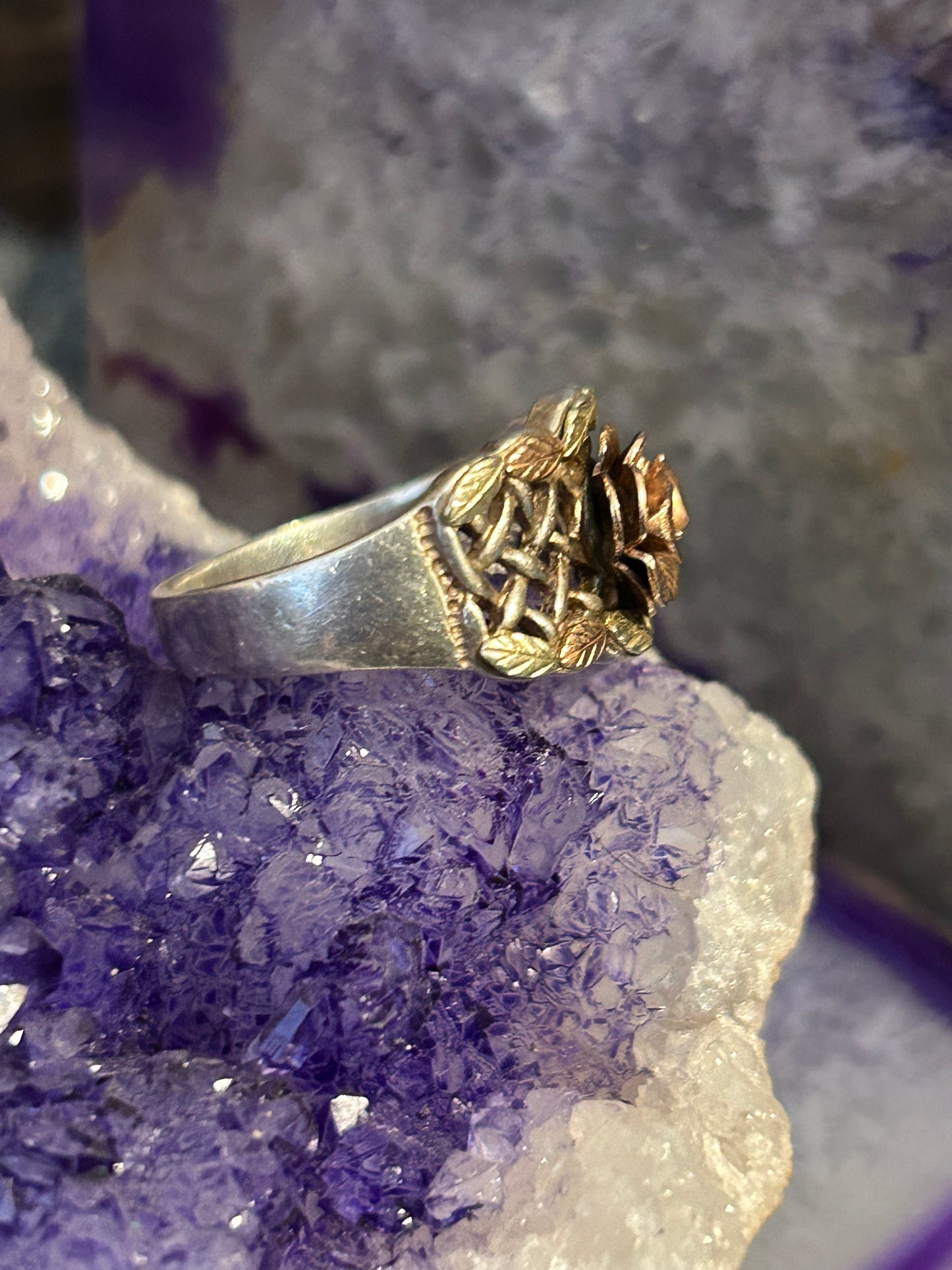 Vintage Coleman Co CCO Black Hills Gold 12K 3D Rose & Leaf Sterling Ring • Size 8