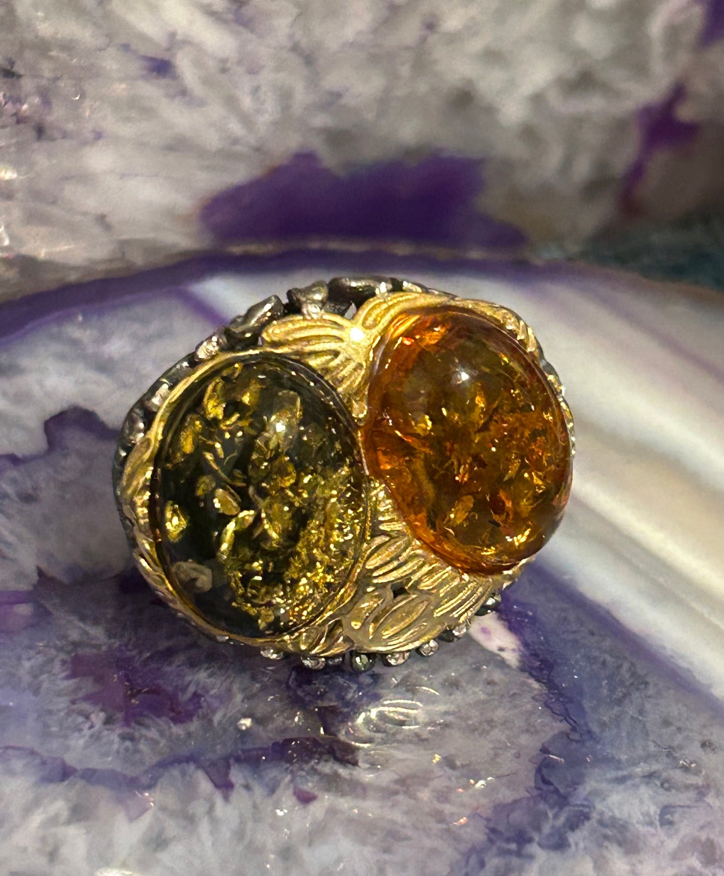 Sterling Silver Baltic Amber Two Stone w/ Gold Over • Size 9