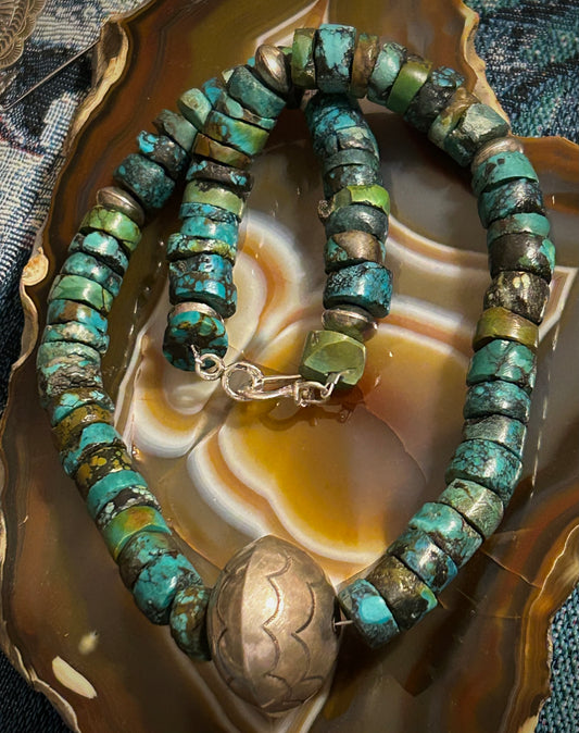 Sterling Silver Native Made Big Bench Bead Pearl With Turquoise Necklace