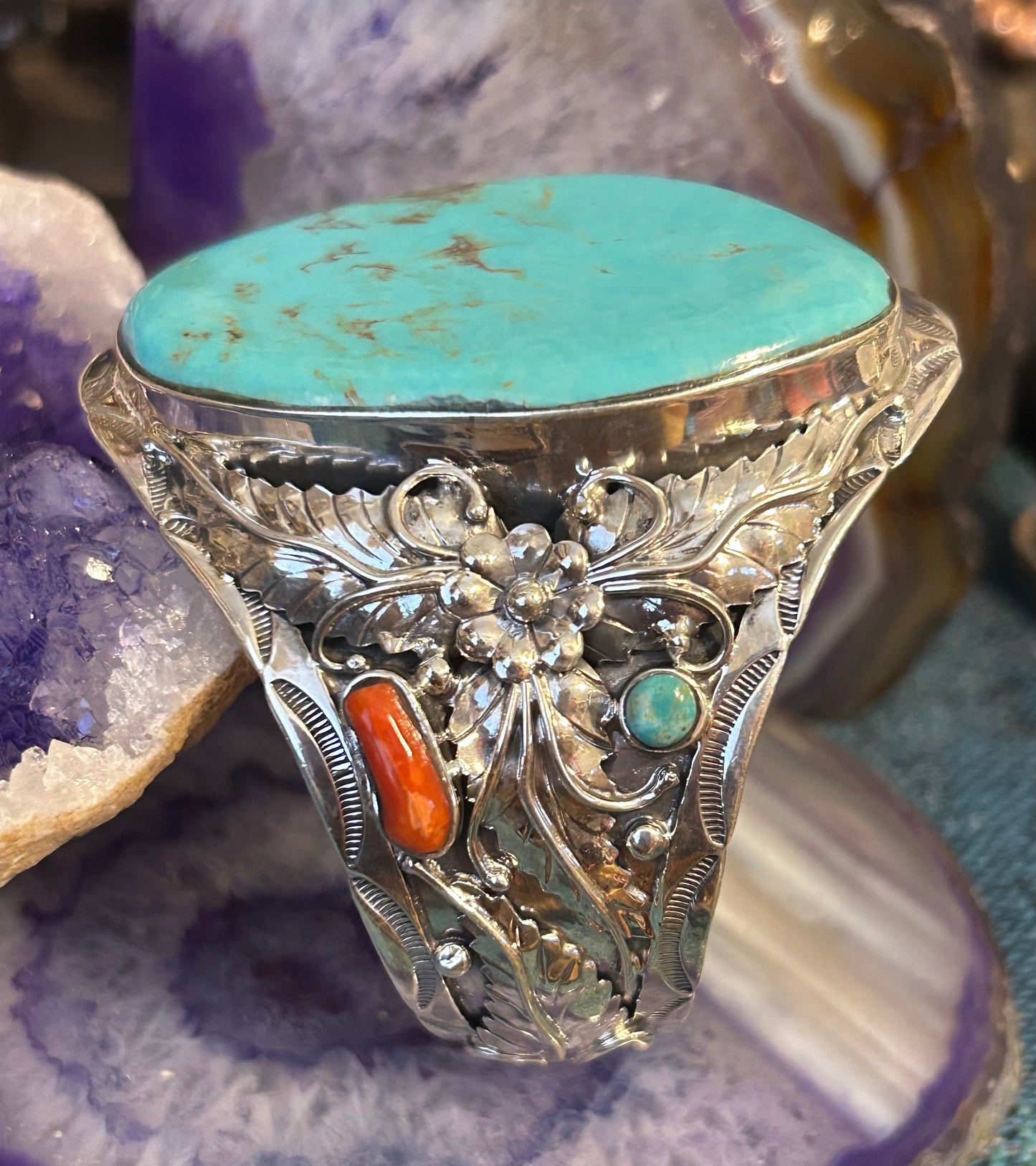Sterling Silver Southwestern Large Turquoise & Coral Statement Cuff Bracelet
