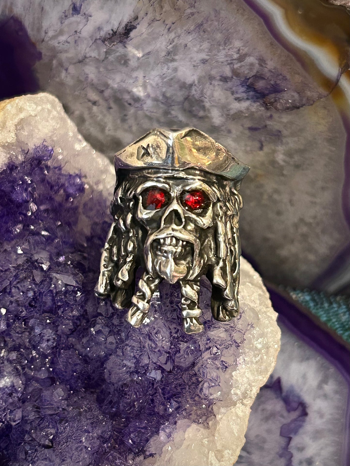 Sterling Silver Made In Taxco Skull Pirate Ring With Rubies • Size 7
