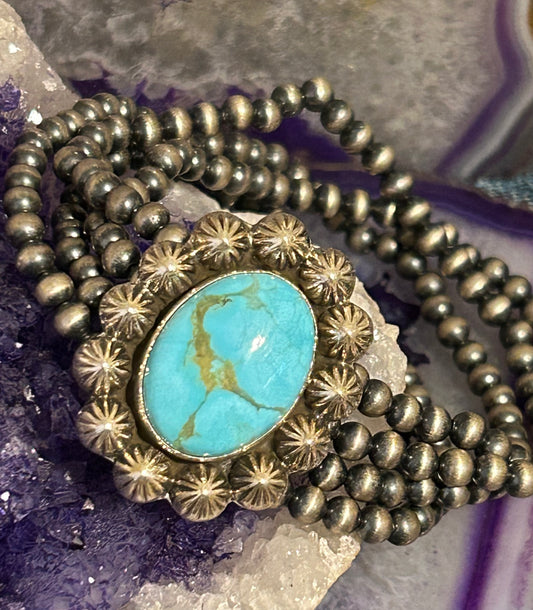 Sterling Silver Desert Pearl Ball Beads and Turquoise Four Band Stretch Bracelet