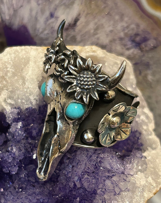 Sterling Silver Taxco Mexico Large Bull Skull W/ Flowers Statement Ring Sz 7-8.5