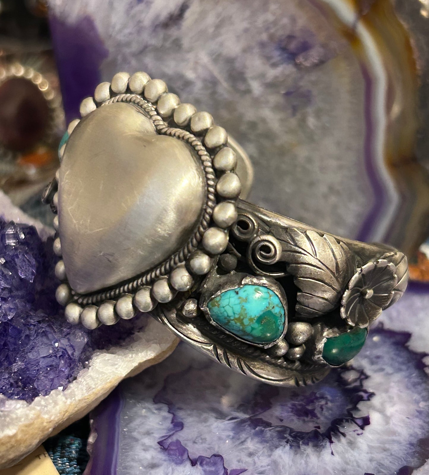 GuzFurbished Sterling Silver Heart & Turquoise Cuff Bracelet