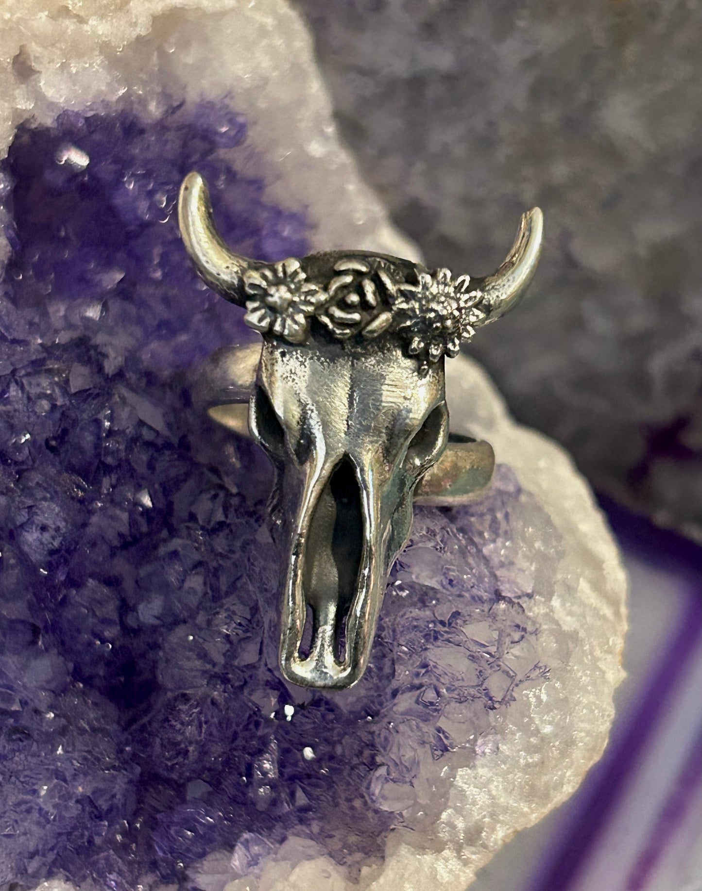 Sterling Silver Modern Taxco Bull/Cow Skull w/ Flower Crown Ring