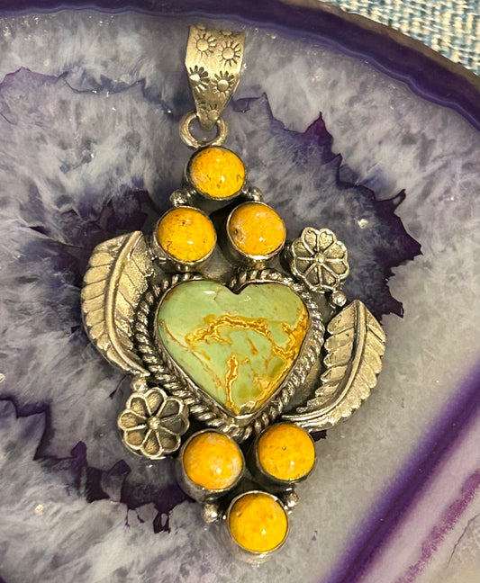 Sterling Silver Southwestern Turquoise & Bumblebee Jasper Heart Pendant