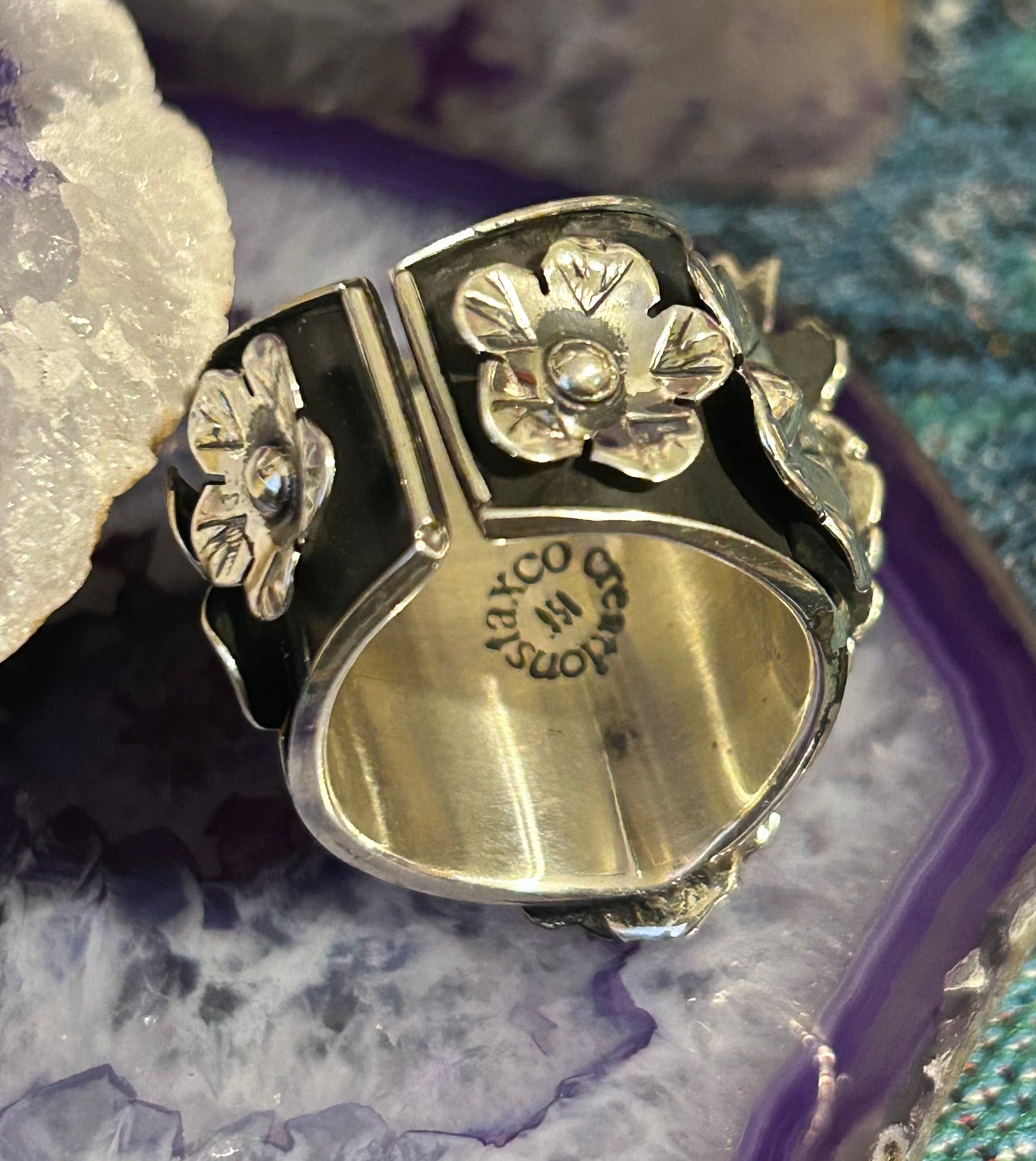 950 Silver Taxco Mexico Seeing Eye Heart W/ Rose And Birds Size 8-10