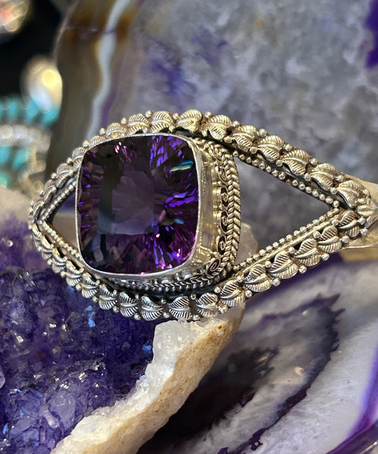 Sterling Silver Bali Large Amethyst Stone Cuff Bracelet