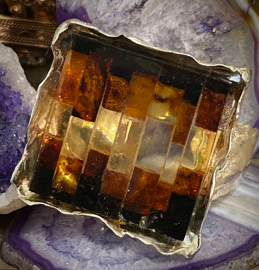 Sterling Silver & Mosaic Amber Huge Statement Cuff Bracelet