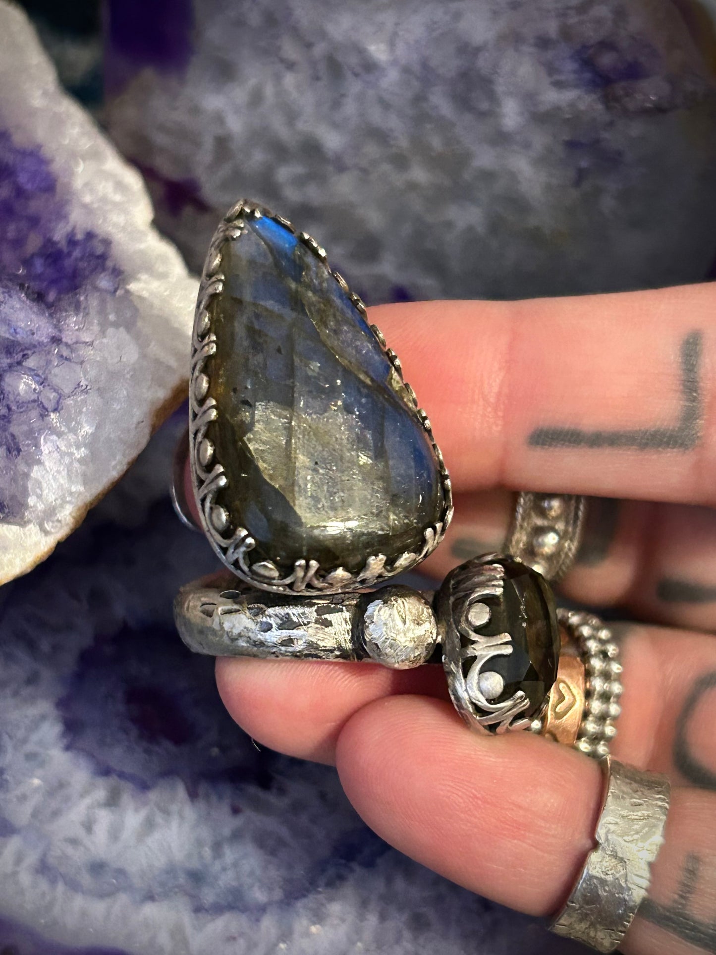 GUZ LOVE NO.99 • Sterling Silver, Labradorite, & Smokey Quartz Ring