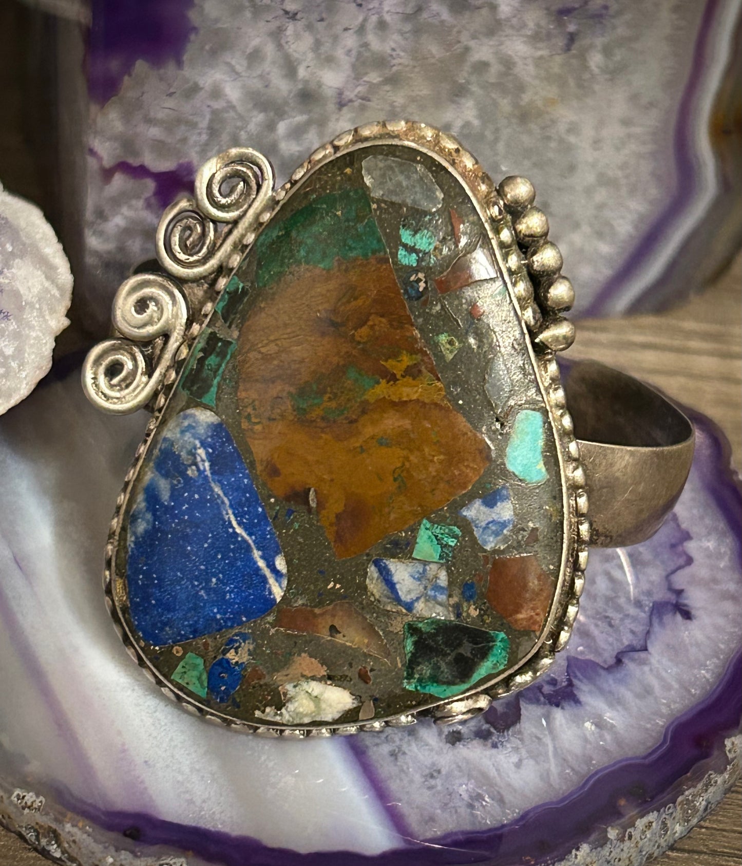 Vintage Sterling Silver Large Turquoise Lapis Etc Composite Stone Cuff Bracelet