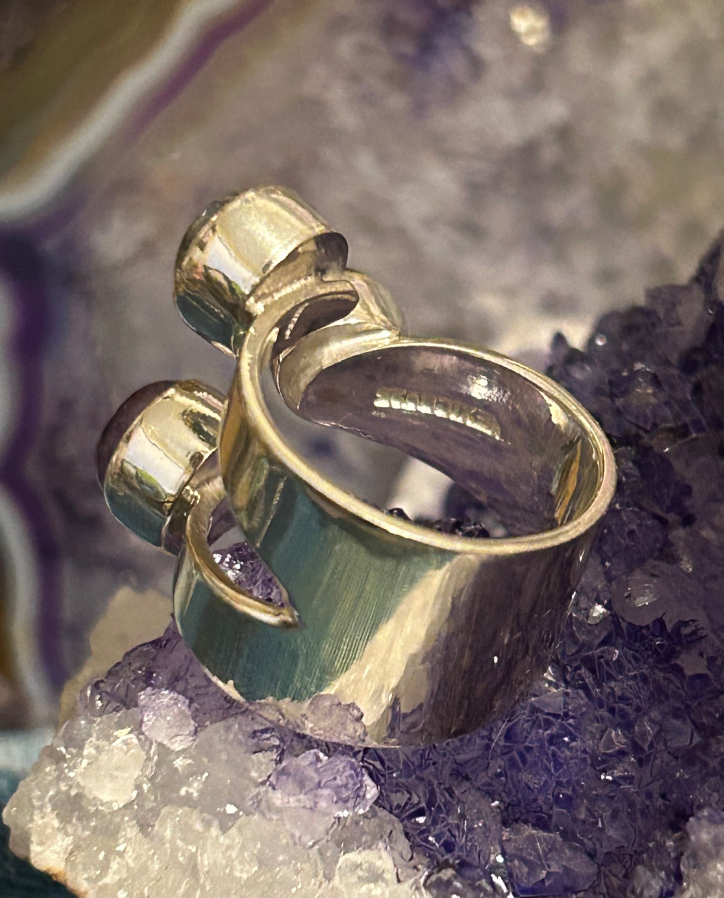 Sterling Silver Made In Taxco Mexico Bypass Ring w/ Amber, Amethyst, and labradorite stones • Size 7-8