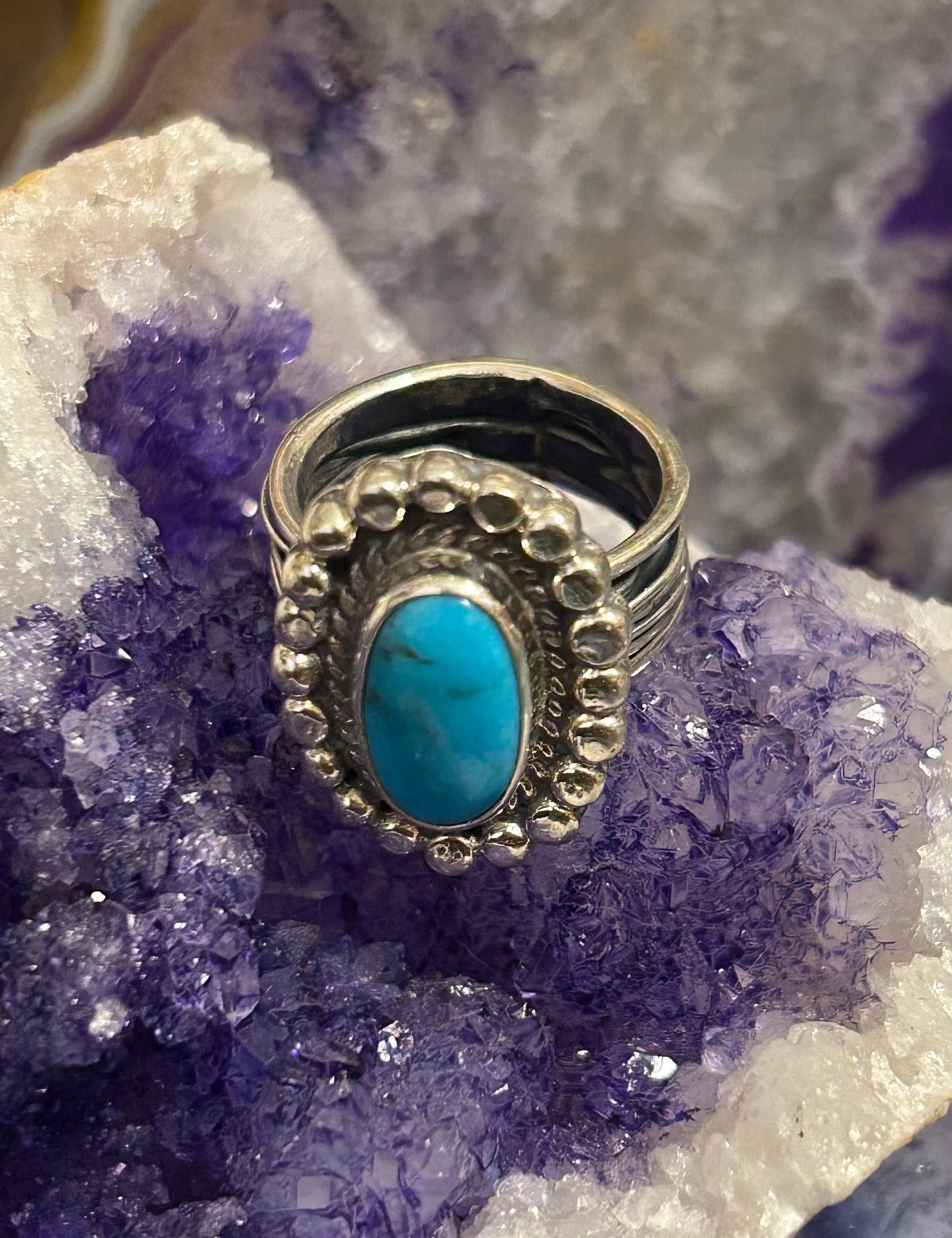Sterling Silver Taxco Mexico Oval Turquoise Wide Wavy Band Ring Size 8