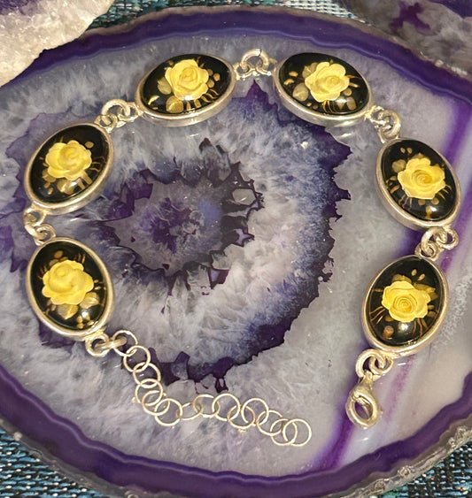 Sterling Silver & Natural Baltic Amber Carved Roses Link Bracelet