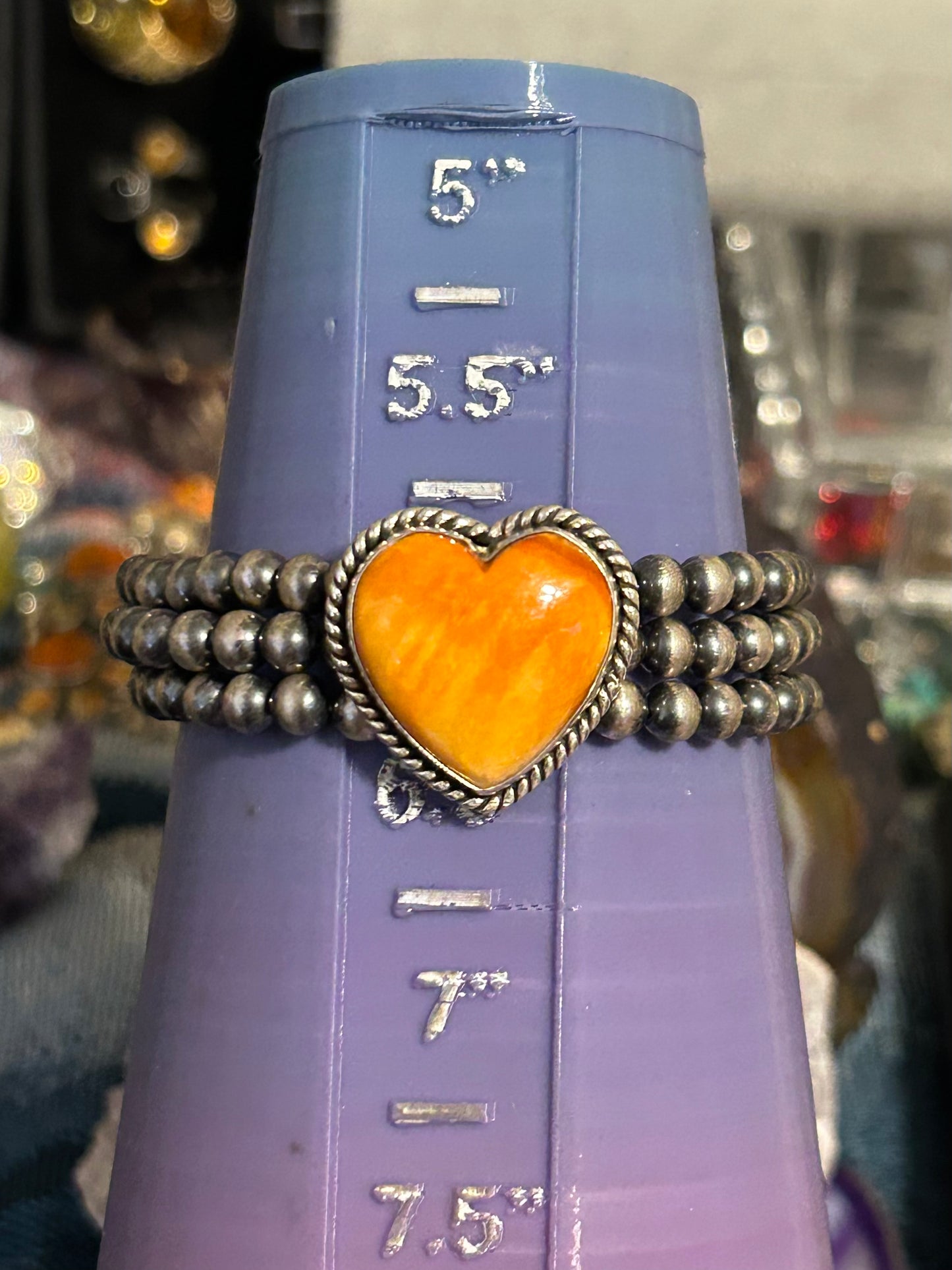 Sterling Silver Desert Pearl Ball Beads and Spiny Oyster Heart Stretch Bracelet