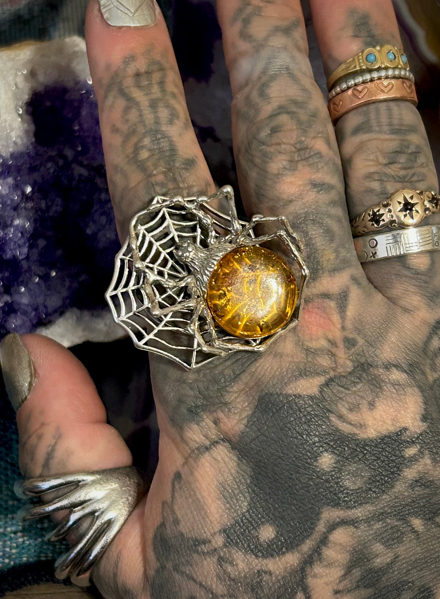 Sterling Silver Spider & Web Ring w/ Large Natural Amber Stone • Adjustable