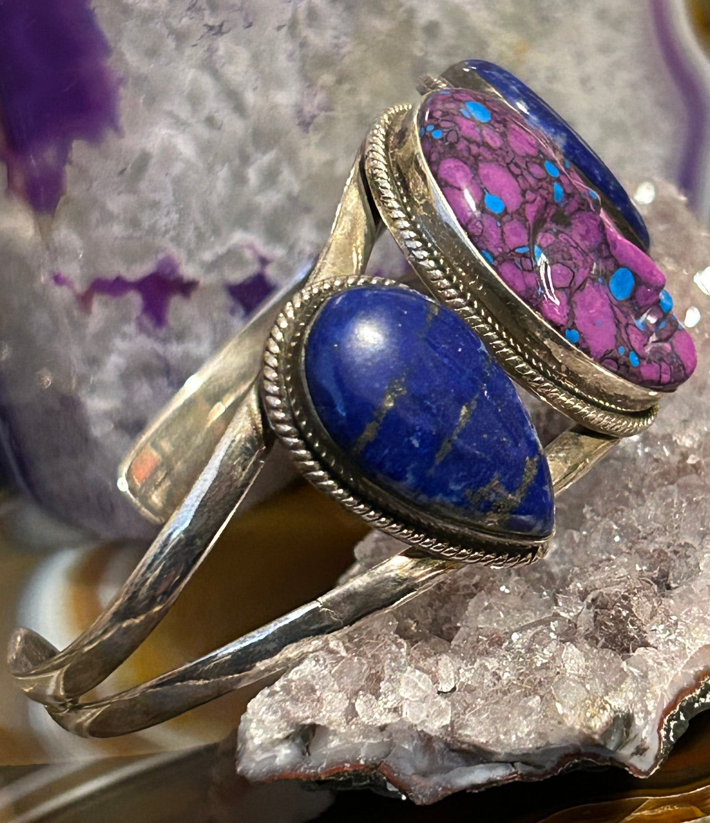 Sterling Silver Peaceful Face Blue Lapis And Mojave Cuff Bracelet