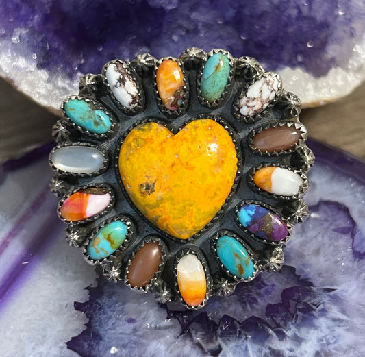 Sterling Silver Bumblebee Jasper Large Heart Multi Stone Ring Adjustable
