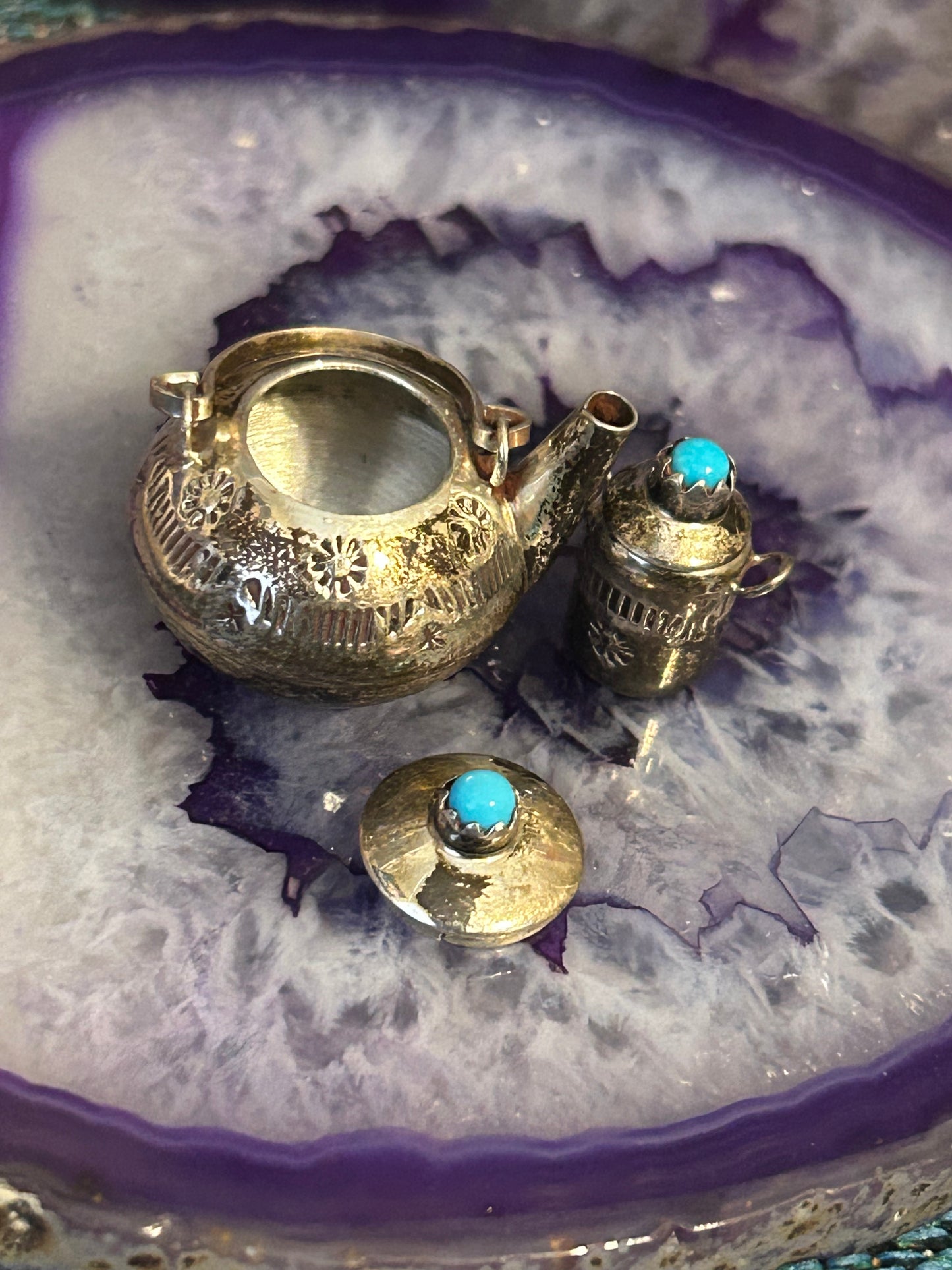 Vintage Sterling Silver Native American Collectable Tiny Teapot Set w/ Turquoise