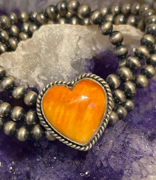 Sterling Silver Desert Pearl Ball Beads and Spiny Oyster Heart Stretch Bracelet