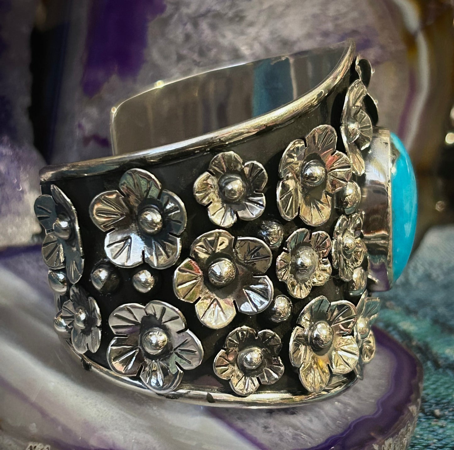 Sterling Silver Taxco Mexico Large Statement Flower Cuff W/ Natural Turquoise