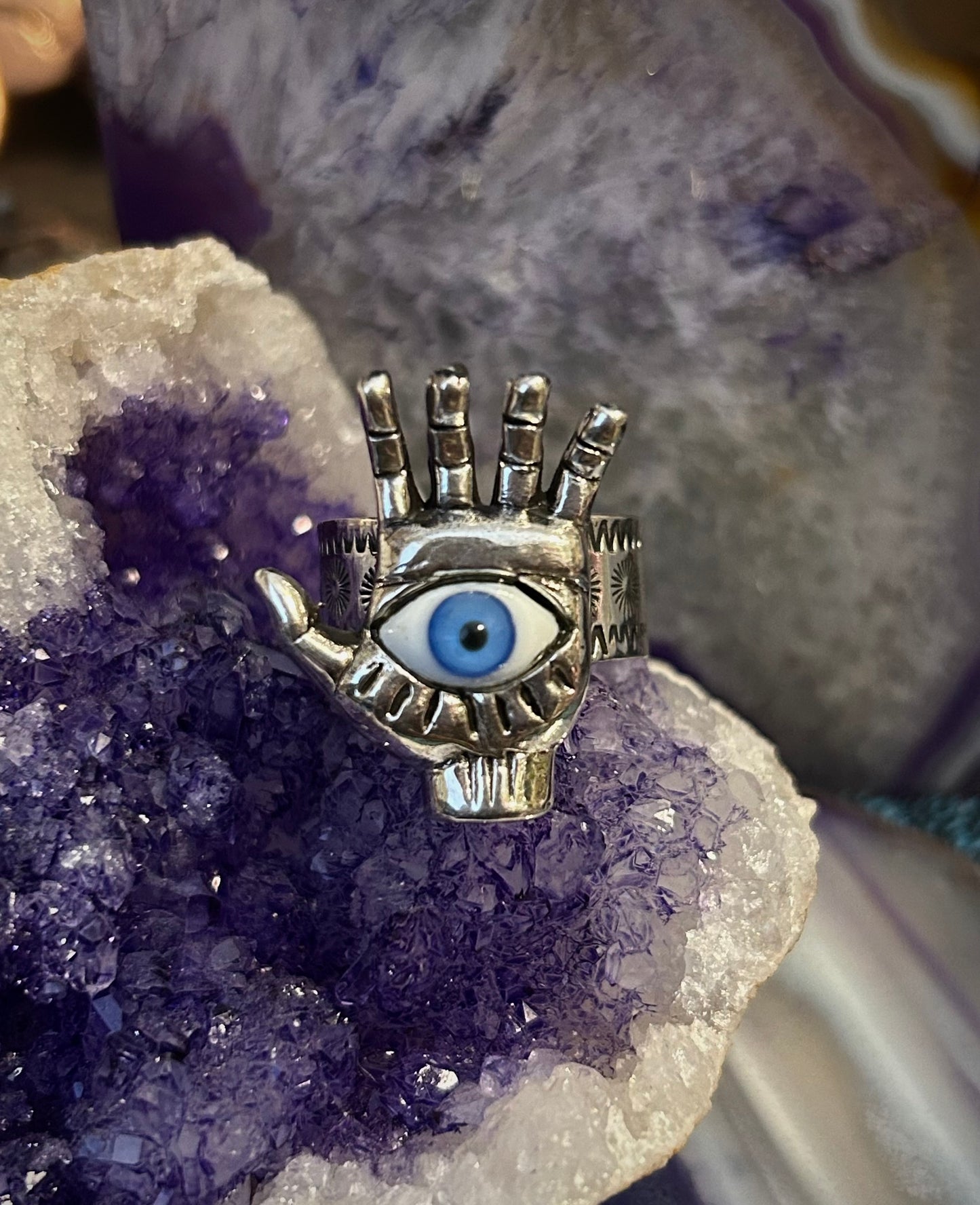 Sterling Silver Taxco Mexico Seeing Eye Hand of Protection Oddities Ring Adjustable