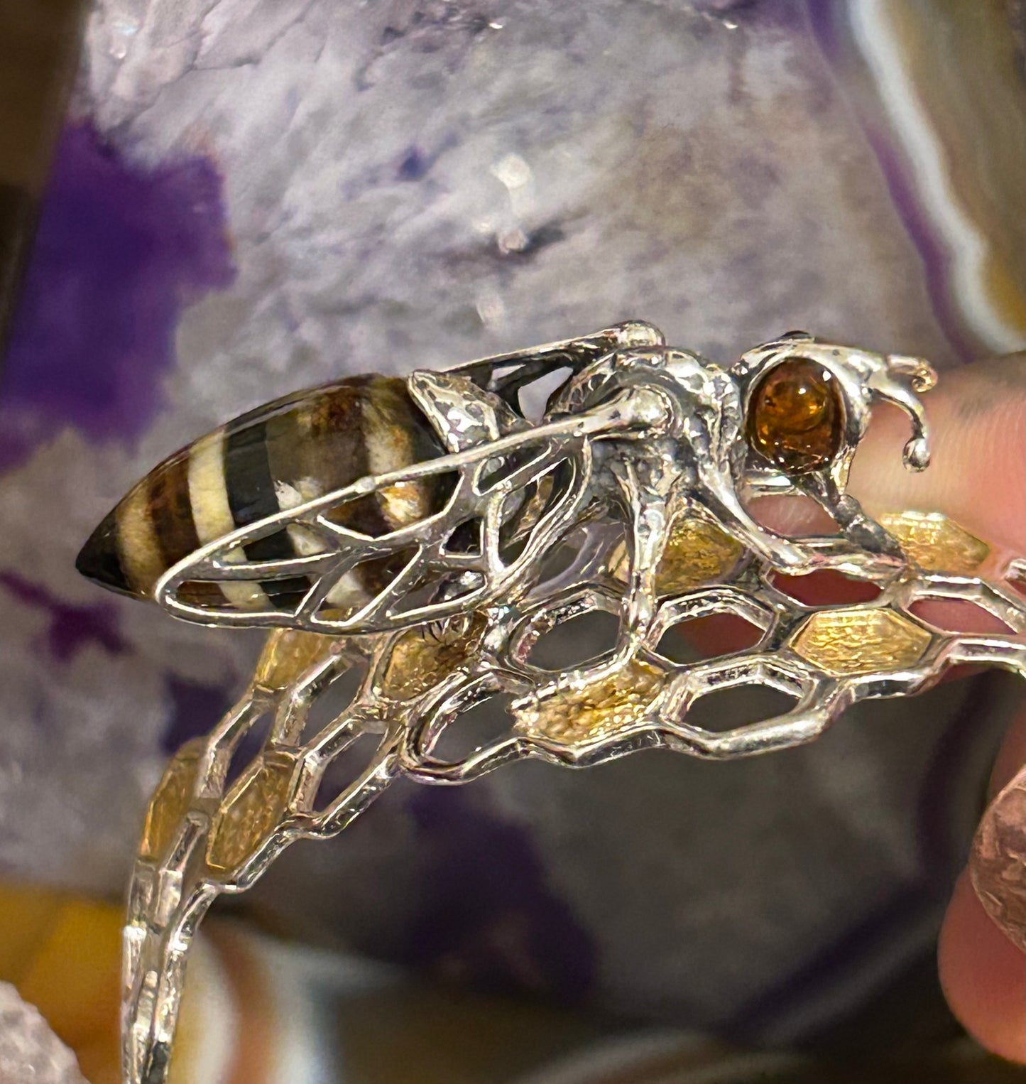 Sterling Silver & Genuine Amber Bee Honeycomb Cuff Bracelet