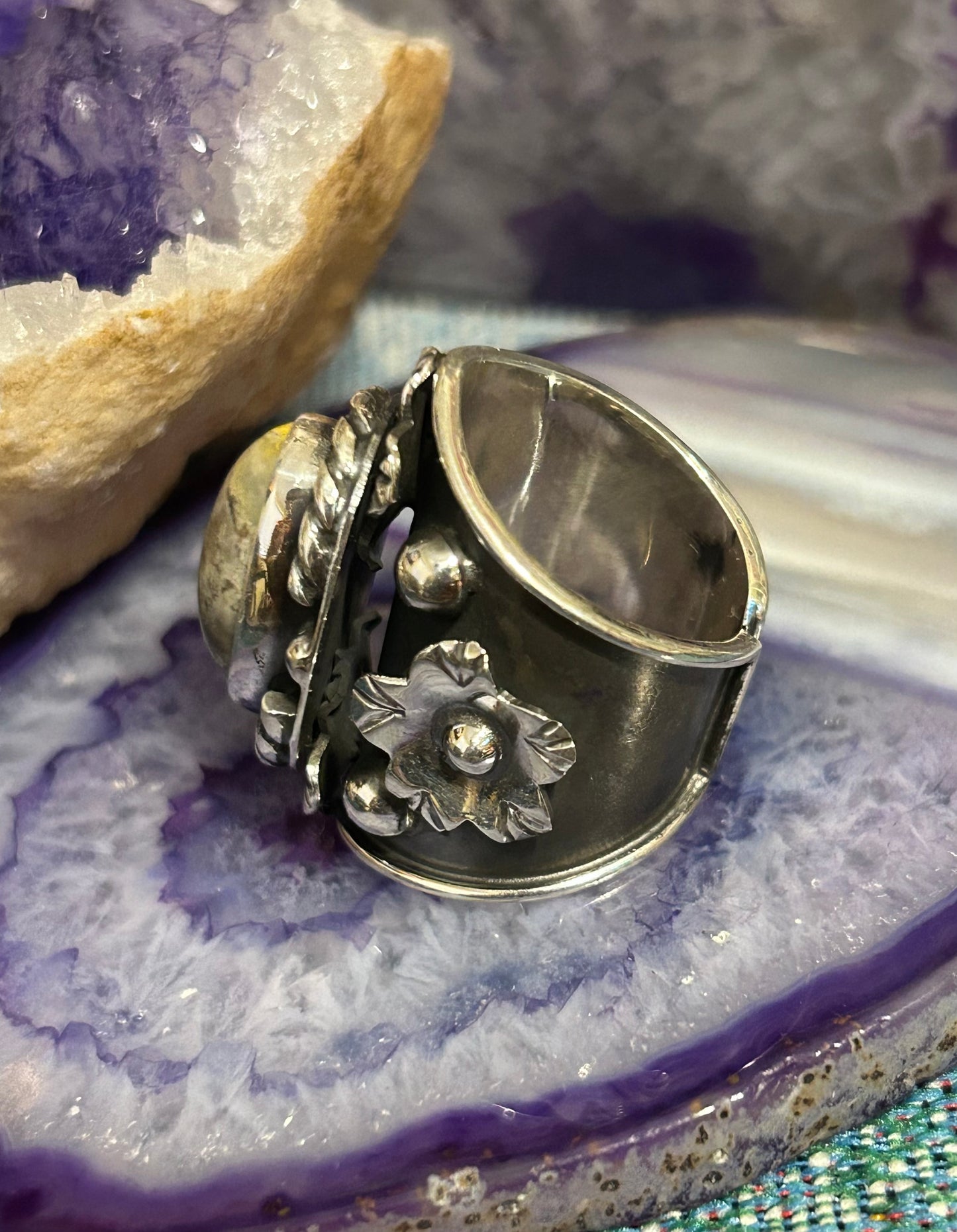 Sterling Silver Taxco Mexico Large Bumblebee Jasper & Flower Wide Ring 6.5-8.5