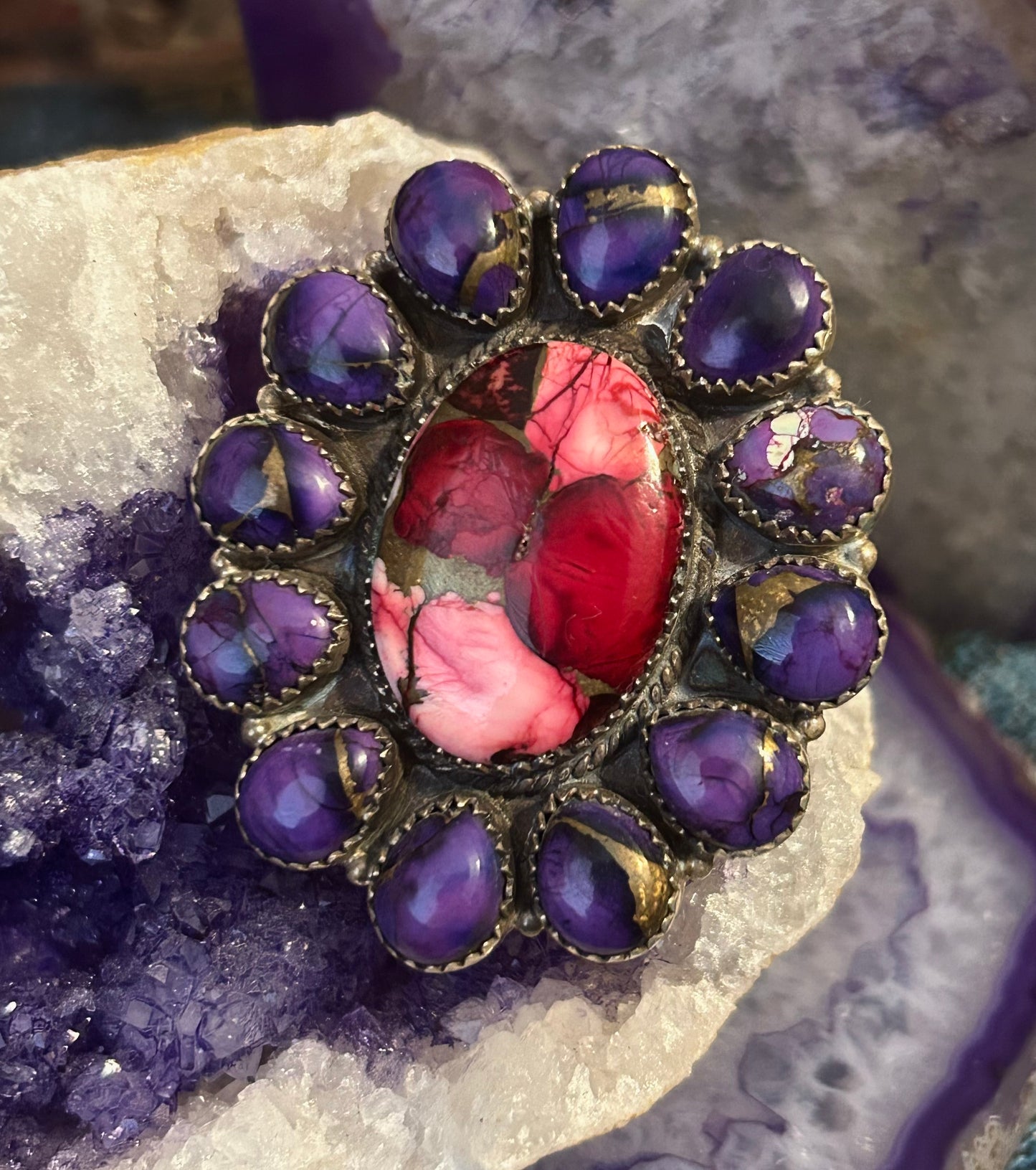 Sterling Silver Southwestern Large Rose Dahlia & Violet Dahlia Adjustable Ring