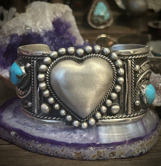GuzFurbished Vintage Sterling Silver Heart Cuff w/ Turquoise & Coral