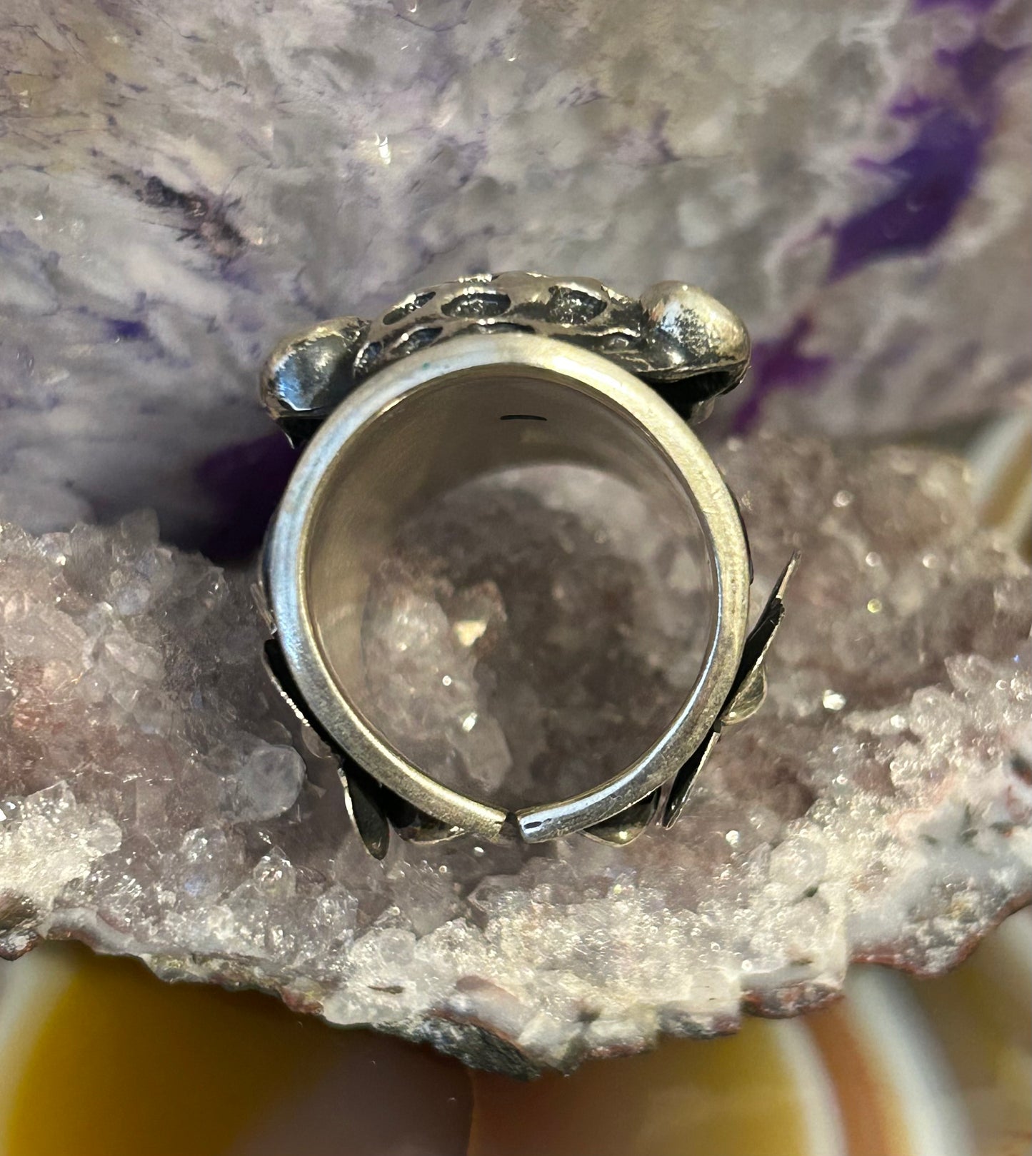 Sterling Silver Taxco Mexico Handmade Jaguar/Cheetah & Flowers Ring Adjustable