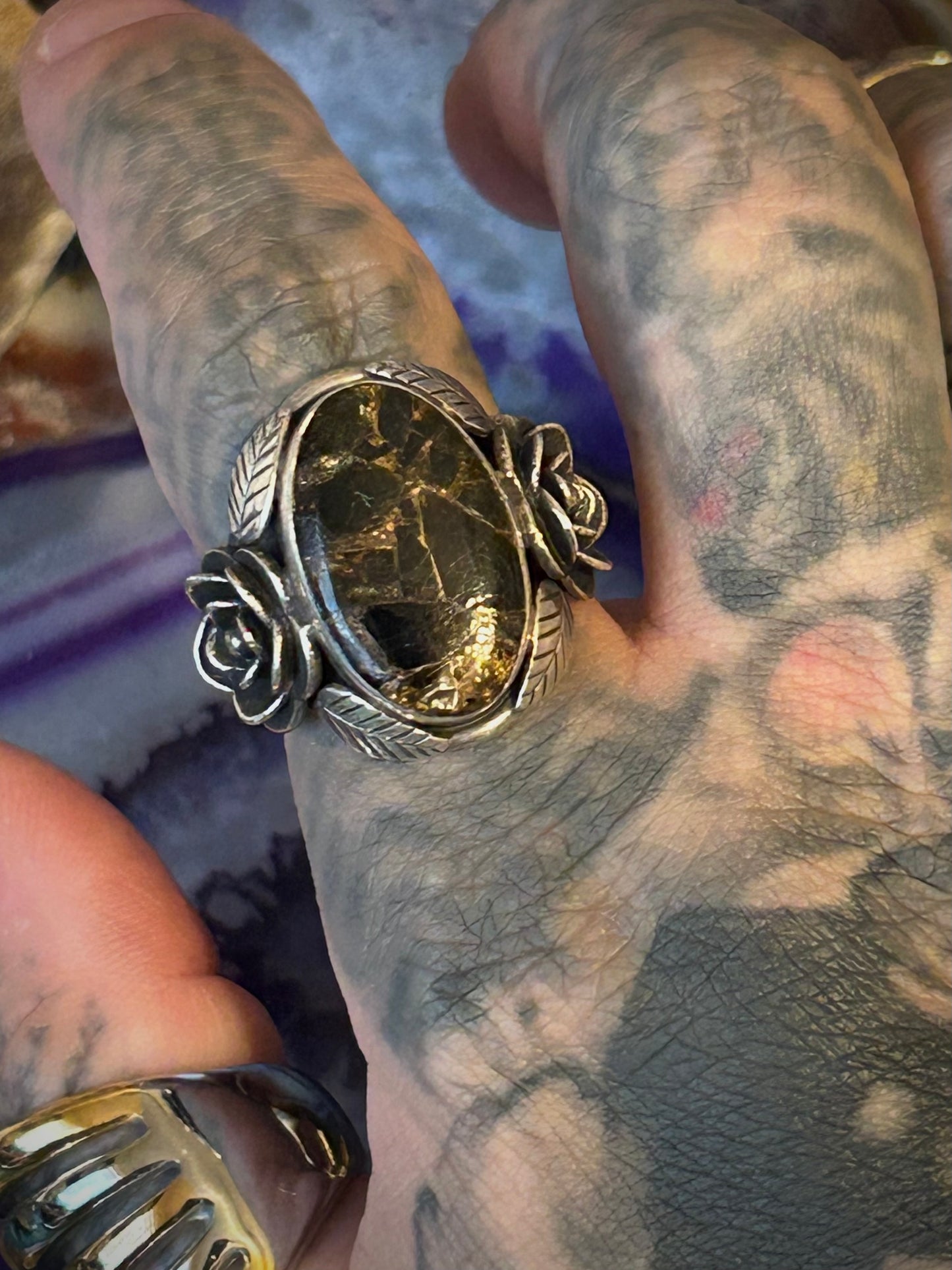 Sterling Silver White Buffalo & Roses Ring Size 8.5