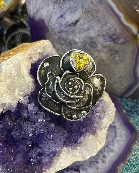 Sterling Silver Taxco Mexico Rose & Zircon Heart Gem Statement Adjustable Ring