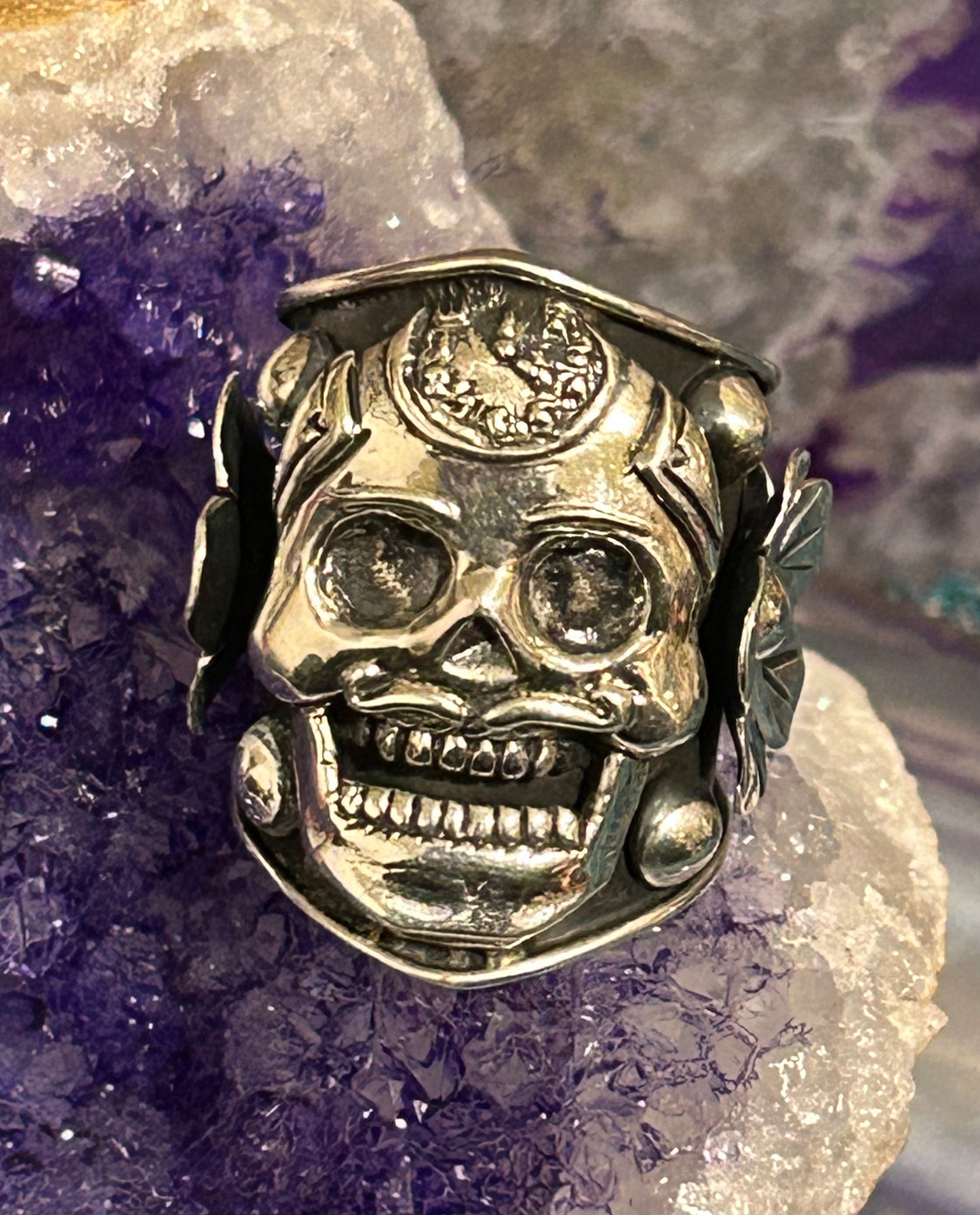 950 Silver Taxco Mexico Large Skull And Flowers Ring Sz 7-8.5