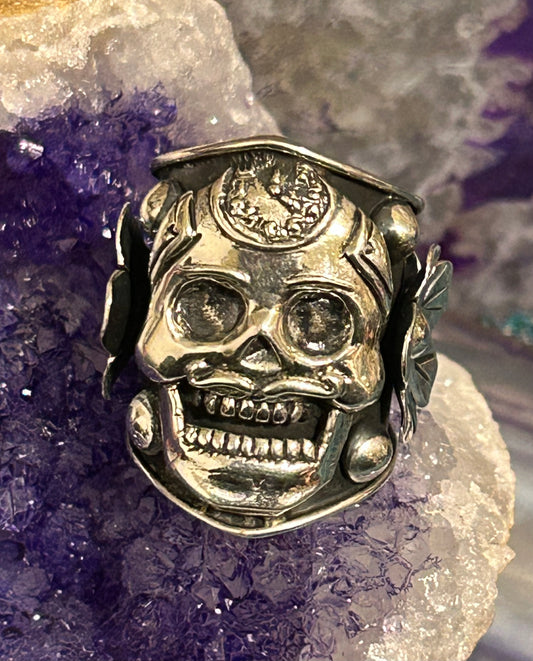950 Silver Taxco Mexico Large Skull And Flowers Ring Sz 7-8.5