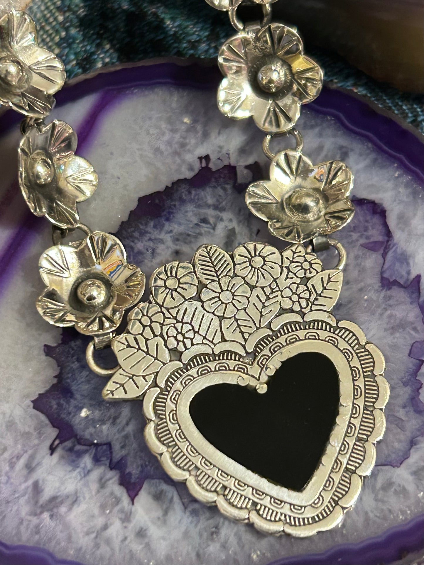Sterling Silver 925 Made In Taxco Flower & Heart Link Necklace