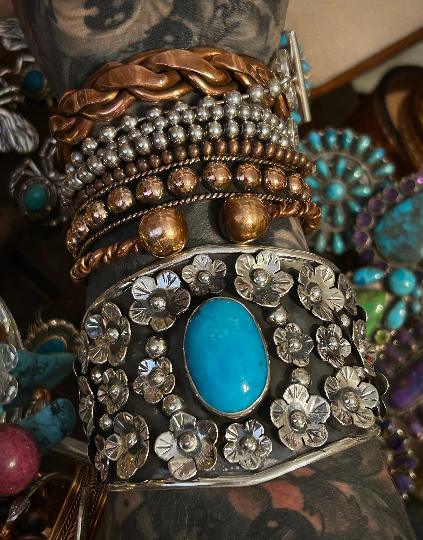 Sterling Silver Taxco Mexico Large Statement Flower Cuff W/ Natural Turquoise