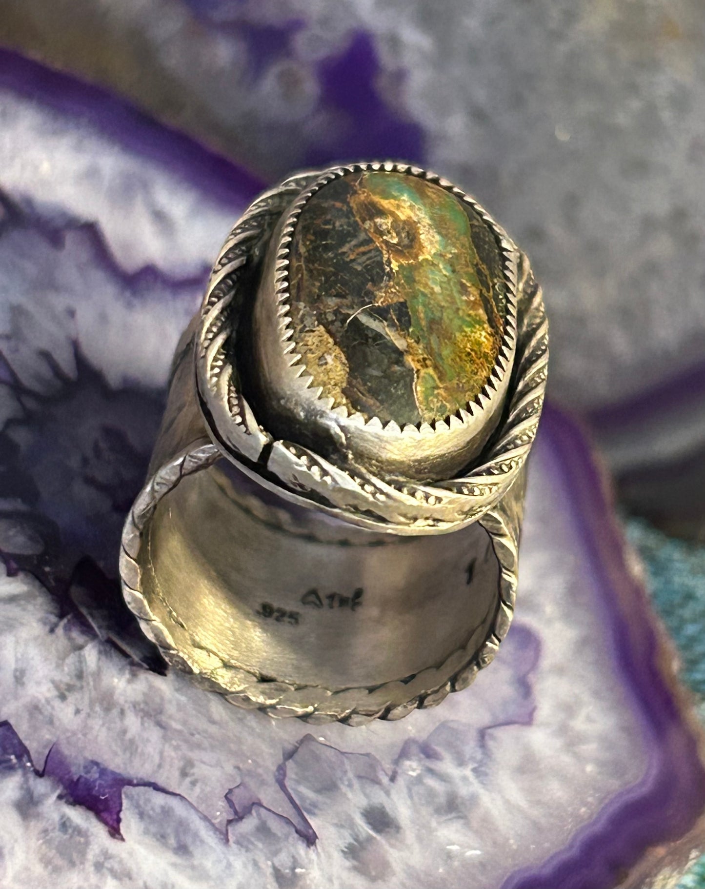 GUZ LOVE NO.103 • Sterling Silver & Blackjack Turquoise Wide Banded Ring • Size 7