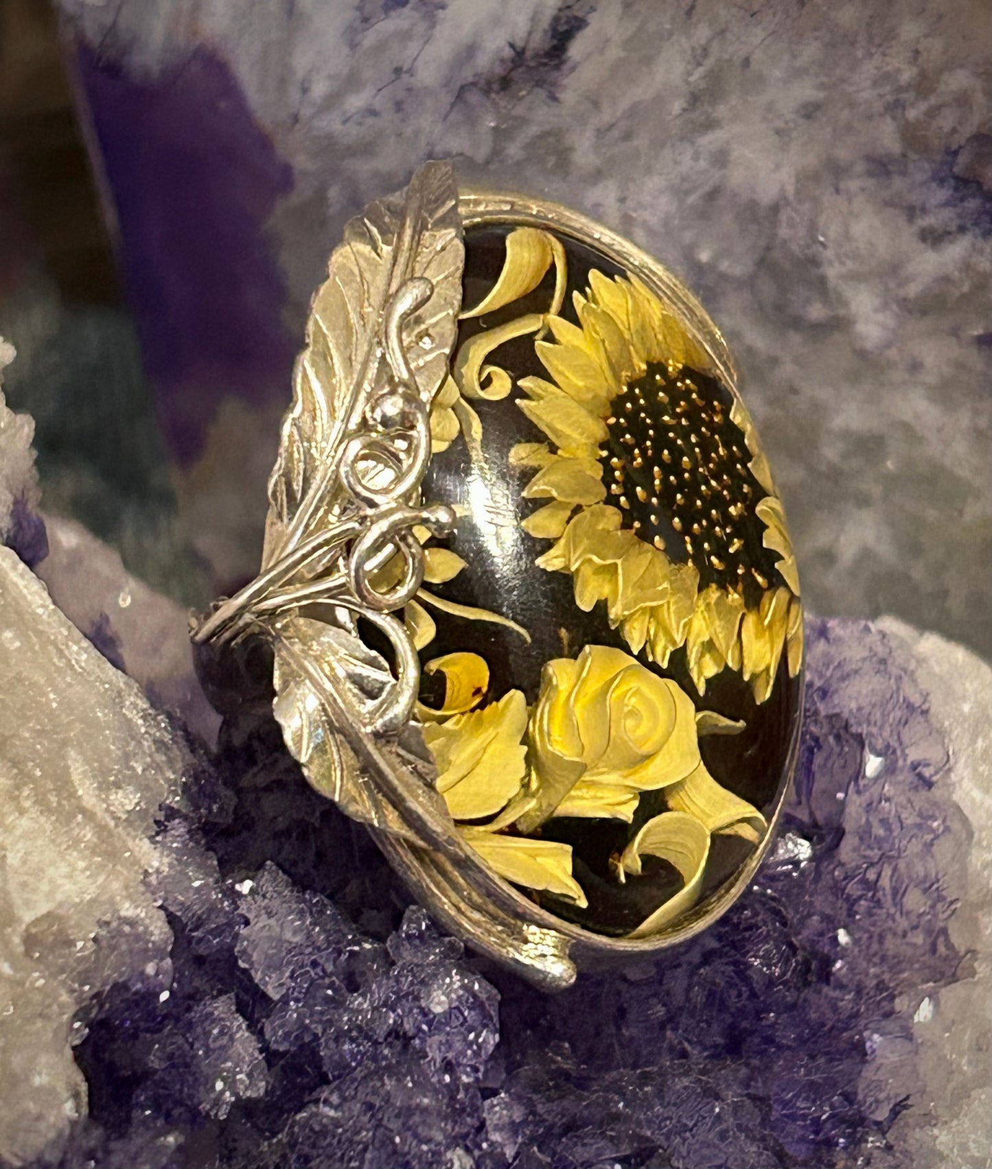 Sterling Silver Carved Floral Baltic Amber Statement Ring