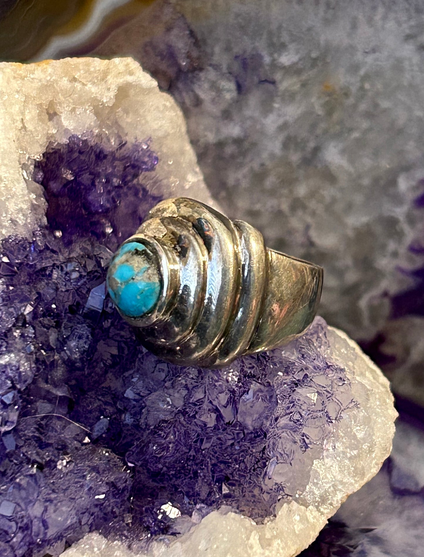Vintage Sterling Silver Turquoise Modernist Shaped Chunky Ring Size 6.5