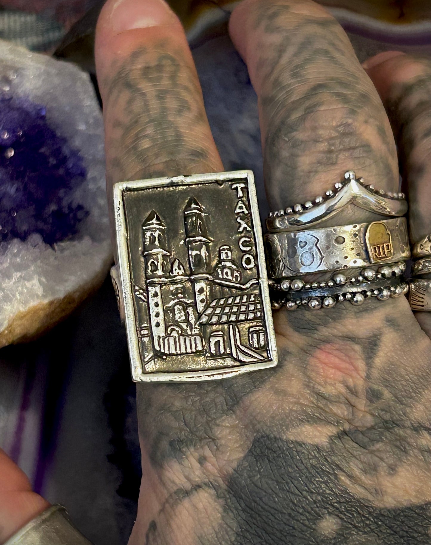 Sterling Silver Modern Taxco Mexico “TAXCO” City Scene Loteria Card Ring