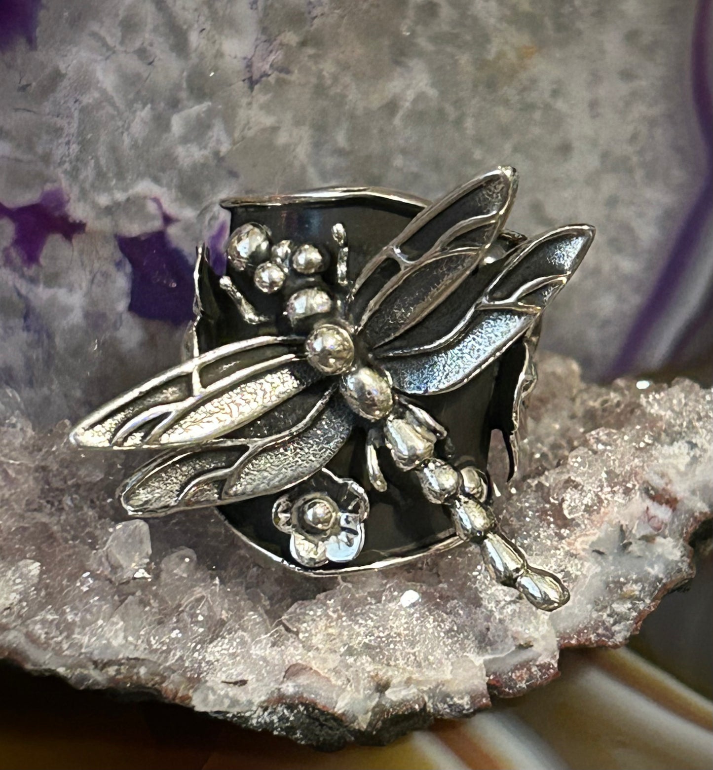 Sterling Silver Taxco Mexico Dragonfly And Flower Statement Ring