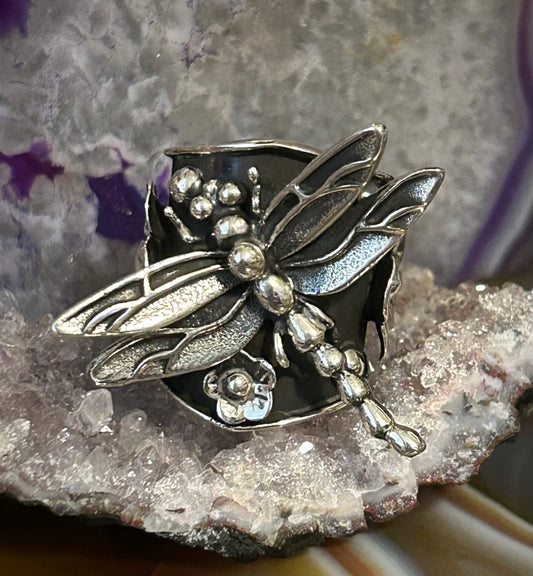 Sterling Silver Taxco Mexico Dragonfly And Flower Statement Ring
