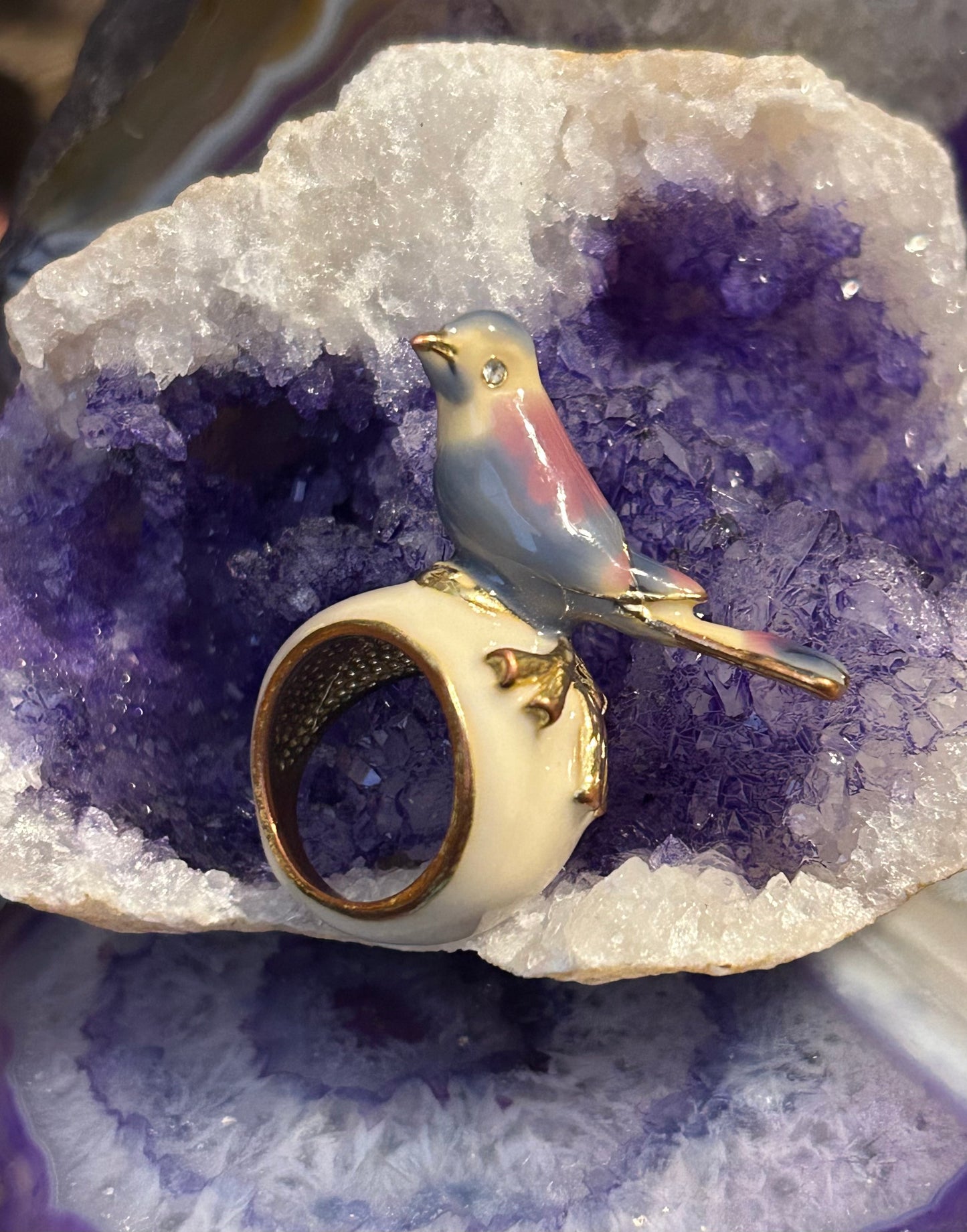 Vintage Gold Tone And Enamel 3D Bird Ring Size 6