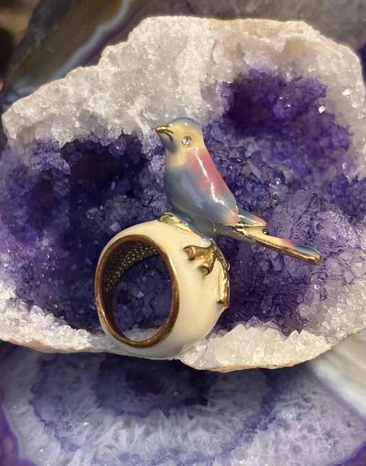 Vintage Gold Tone And Enamel 3D Bird Ring Size 6
