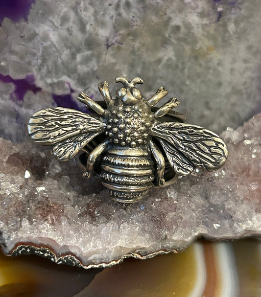 Sterling Silver Taxco Mexico Handmade Bee Insect Wide Band Ring Size 7-8.5