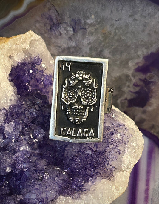 Sterling Silver Taxco Mexico “CALACA” Skeleton Day Of The Dead Tarot Card Ring