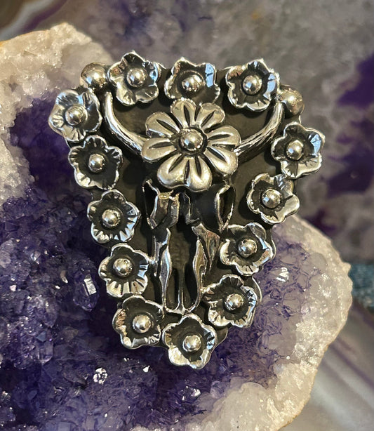 Sterling Silver Taxco Mexico Bull Longhorn Skull Flower Ring Size 7-8.5