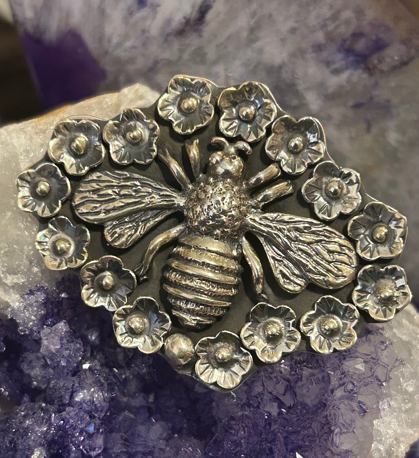 Sterling Silver Modern Taxco Mexico Flowers & Bee Insect Statement Ring • Adj Size 6-8.5