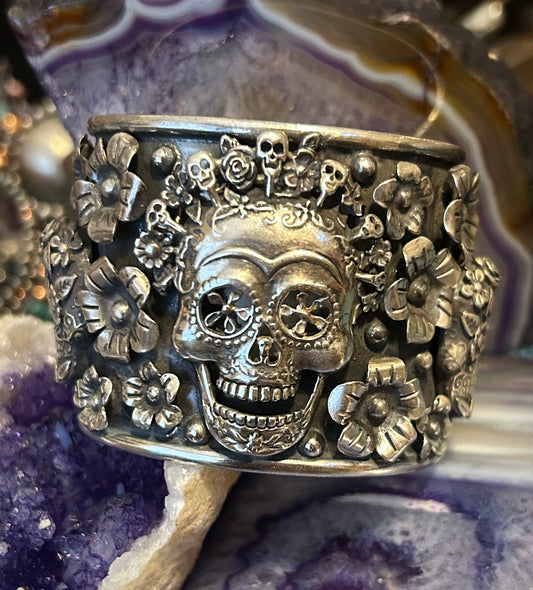 Sterling Silver Taxco Mexico Day Of The Dead Skull & Flower Large Cuff Bracelet